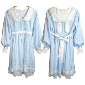 Bunny Ear Lolita Dress Sz L Coquette Victorian Easter Lace Bow Bishop Sleeves